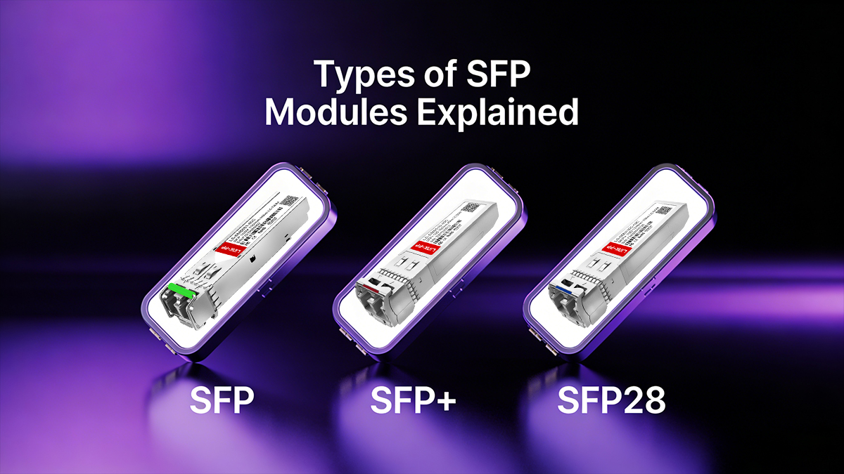 Comparação dos módulos SFP, SFP+ e SFP28 por taxa de dados e aplicação.