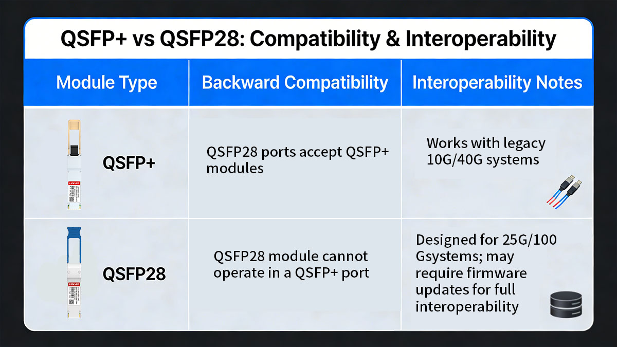 QSFP+ vs QSFP28 in Compatibility and Interoperability