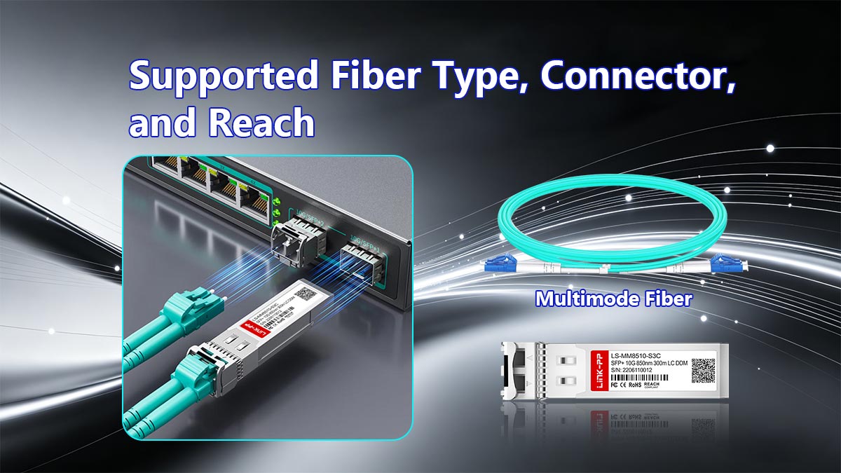 Transceptor 10GBASE-SR SFP+. Tipo de fibra, conector y alcance compatibles.