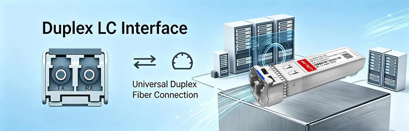 Modulo SFP-25GELR-31-I con interfaccia LC UPC duplex.