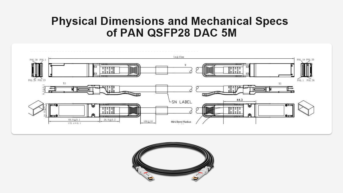 Physical Dimensions and Mechanical Specs of PAN QSFP28 DAC 5M