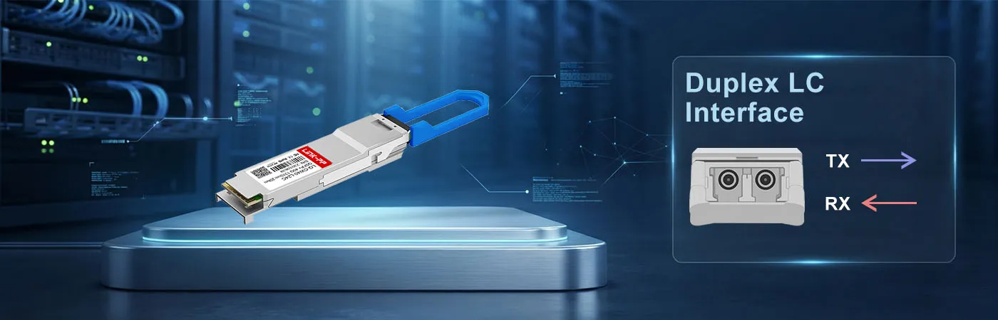 Modulo QSFP-40G-LR4-20 con interfaccia LC duplex.