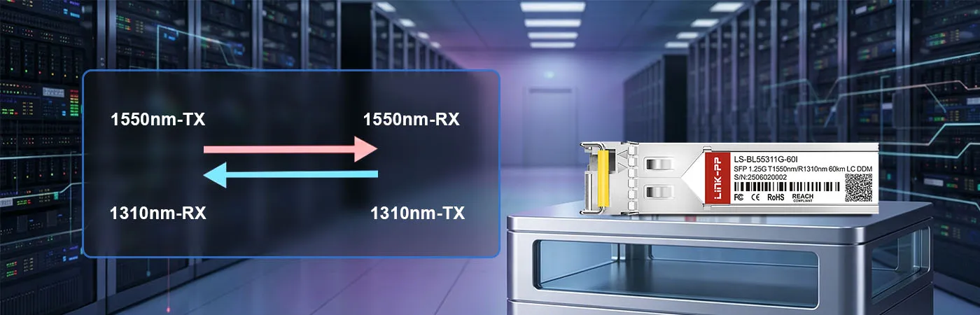 Módulo LS-BL55311G-60I com comprimento de onda de transmissão de 1550 nm e recepção de 1310 nm.