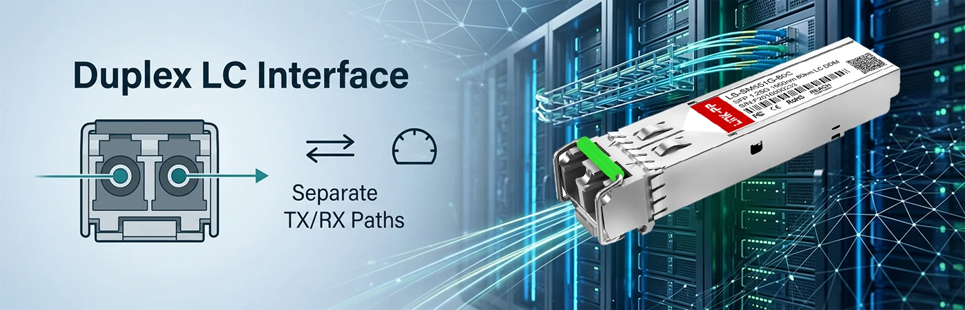 Modulo SFP1G-ZX-55 con interfaccia LC duplex.