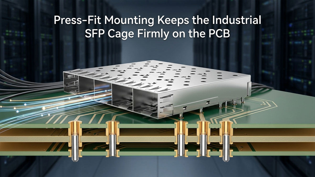 Press-Fit Mounting Keeps the Industrial SFP Cage Firmly on the PCB