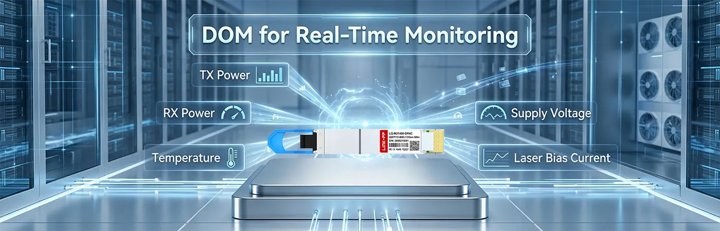 Módulo QSFP112-DR4-400G con DOM para monitorización en tiempo real.