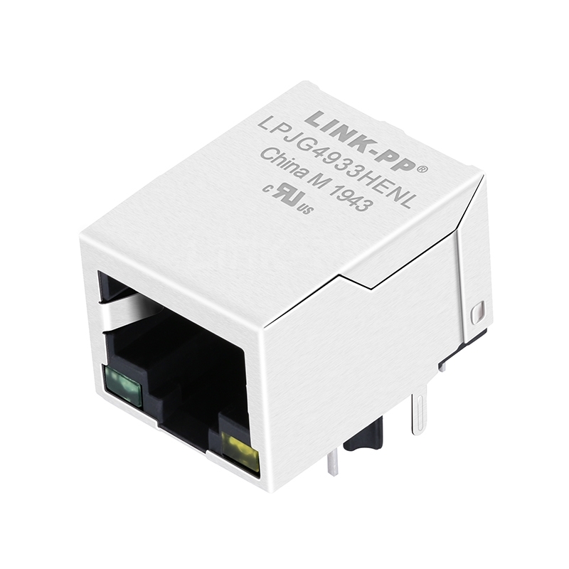 LPJG4933HENL 100/1000 Base-T Tab Down Green/Yellow Led Single Port Cat5e RJ45 Female PCB Connector