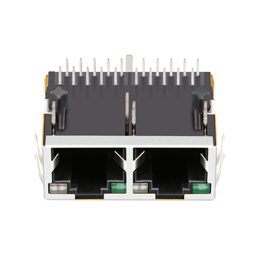 LPJG28818A30NL Connettore modulare RJ45 a 1x2 porte 1000 Base-T con linguetta verso l'alto e LED verdi/gialli e verdi immagine 4