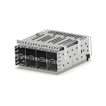TE 1658758-3 SFP Receptacle with Cage Ganged (2x4) Through Hole Right Angle Press-Fit Board Guide EMI Shielded Light Pipe