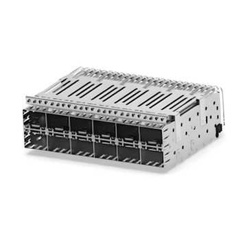 TE 1658895-2 SFP-розетка с каркасом (2x6) с направляющей для сквозного отверстия, угловая, с запрессовкой, экранированная от электромагнитных помех световодная трубка
